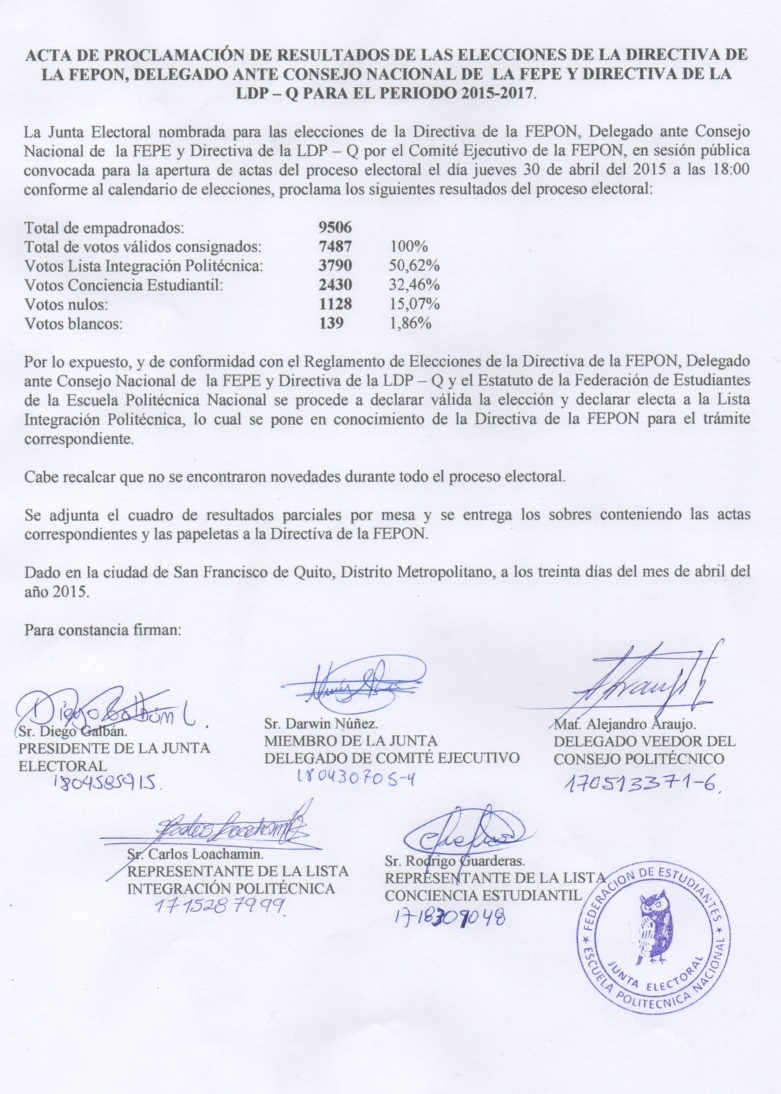 Acta de Resultados Elecciones FEPON 2015-2017